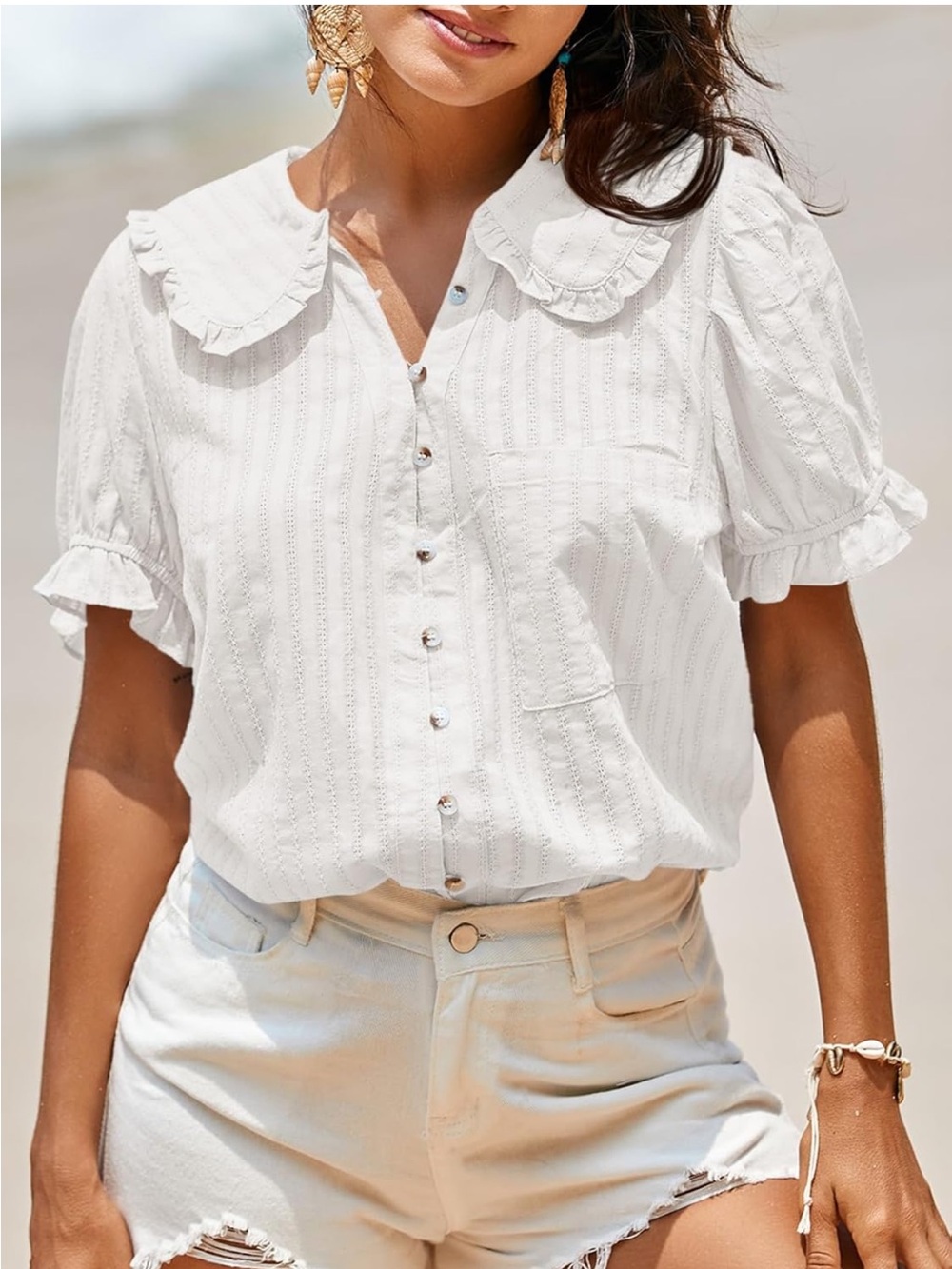 White Ruffle Collar Button-Front Blouse - Picture 2 of 7